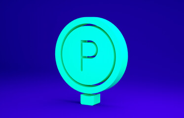 Green Parking icon isolated on blue background. Street road sign. Minimalism concept. 3d illustration 3D render