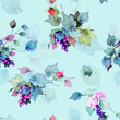 Vintage seamless background pattern on light blue. Beauty wild flowers, bunch of grape, roses and leaves around. Abstract watercolor, hand drawn, vector - stock.