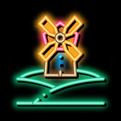 Wall Mural - windmill in meadow neon light sign vector. Glowing bright icon windmill in meadow sign. transparent symbol illustration