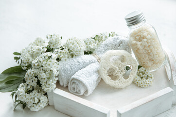 Wall Mural - Spa composition with bath accessories and fresh flowers.