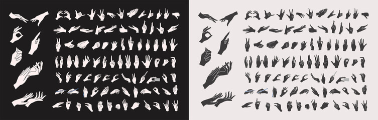 gestures. a set of hands in different gestures? silhouettes of hands. women's hands in various situa