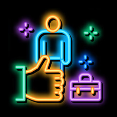 Poster - job approval person neon light sign vector. Glowing bright icon job approval person sign. transparent symbol illustration
