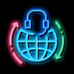 Poster - global help desk hotline neon light sign vector. Glowing bright icon global help desk hotline sign. transparent symbol illustration