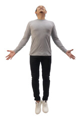 asian man wearing grey shirt black denim and white shoes, jump flying levitation, happy expression. 