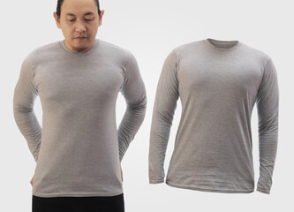 Wall Mural - Blank long sleeved shirt mock up template, front view, Asian man wear plain grey t-shirt isolated on white. Tee design mockup presentation