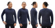 © airdone - Blank long sleeved shirt mock up template, front side and back view, Asian man wear plain dark navy blue t-shirt isolated on white. Tee design mockup presentation