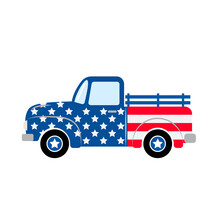 American Patriotic Retro Truck. Independence Day Truck. Vintage Pickup. Vector Template For Greeting Card, Banner, Poster, Flyer, Etc.