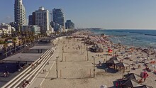 Tel Aviv Promenade Sunny Summer Day Aerial Drone View, Israel