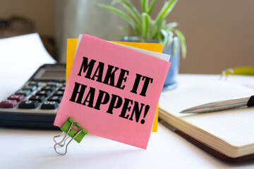 Wall Mural - Make it happen! written on color sticker notes over cork board background.