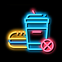 Poster - ban on junk food neon light sign vector. Glowing bright icon ban on junk food sign. transparent symbol illustration