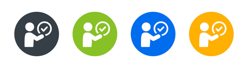 Poster - Approval button icon. Check mark with person icon in round sign.