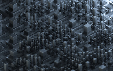 Wall Mural - Technological cubes with black background, 3d rendering.