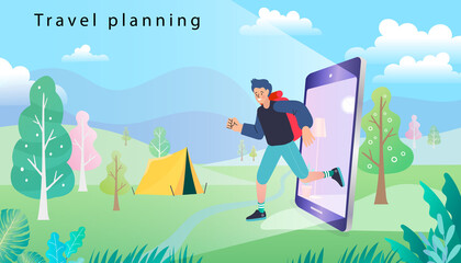 Wall Mural - Online travelling Illustration for landing page. Travel and vacation concept. Man and woman using navigation app. Trip planning. Online booking service vector illustration. 