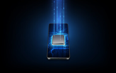 Poster - Futuristic microchip processor with backlight on the phone in blue. Quantum phone, big data processing, database concept. vector illustration.