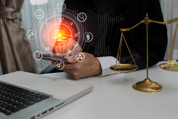 Concepts of Law and Legal services. Lawyer working with law interface icons. Blurred background.