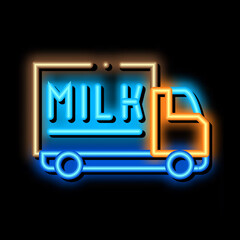 Poster - truck with milk neon light sign vector. Glowing bright icon truck with milk sign. transparent symbol illustration