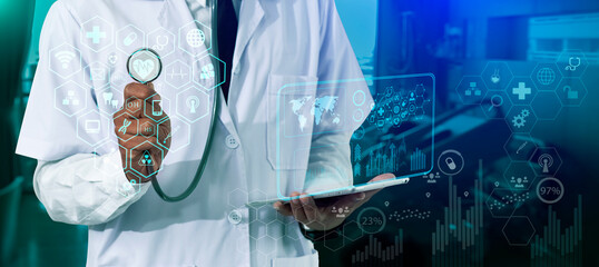 Medical technology and futuristic concept. Doctor hologram modern virtual screen interface.	