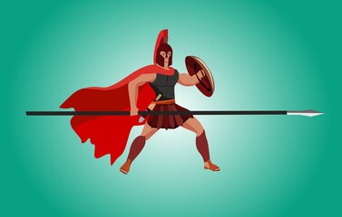 Spartan warrior holding spear and shield, ready for battle, vector