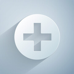 Sticker - Paper cut Cross hospital medical icon isolated on grey background. First aid. Diagnostics symbol. Medicine and pharmacy sign. Paper art style. Vector Illustration