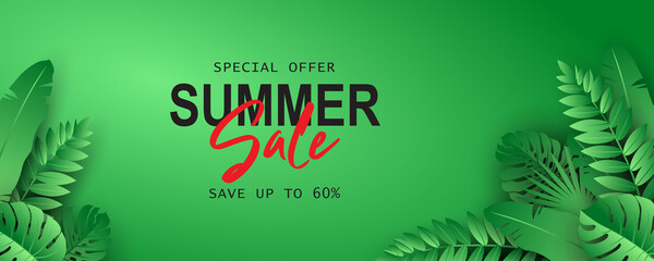 Wall Mural - Summer sale banner design with tropical leaves