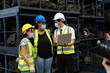 © NVB Stocker - Engineer factory people wearing protective face mask prevent covid-19 virus. Professional Mechanical Engineer team Working at Second-hand spare parts of old car parts warehouse store.