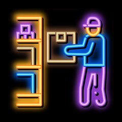 Poster - man restocking in cellar neon light sign vector. Glowing bright icon man restocking in cellar sign. transparent symbol illustration