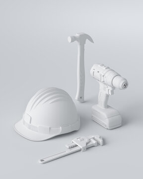 Isometric view of monochrome construction tools for repair on white