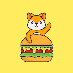  Cute fox eating burger. Animal cartoon concept isolated. Can used for t-shirt, greeting card, invitation card or mascot. Flat Cartoon Style