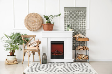 Interior of stylish living room with fireplace