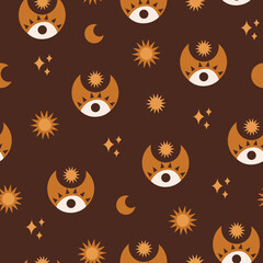 Poster - Minimalistic abstract seamless pattern with geometric stars, moon on brown background. Bohemian pattern for wallpaper, textile, fabric, interior design. Modern vector illustration.