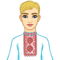 Animation portrait of the young Belarusian boy in traditional clothes. Eastern Europe. Vector illustration isolated on a white background.