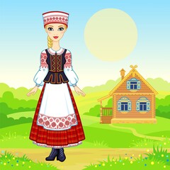 Wall Mural - Animation portrait of the young Belarusian girl  in traditional clothes.  Fairy tale character.  Full growth. A background - a rural landscape, the ancient house. Vector illustration.