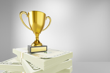 golden trophy placed on banknote money with copy space. 3d illustration rendering image.