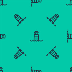 Sticker - Blue line Lighthouse icon isolated seamless pattern on green background. Vector