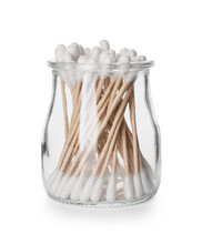 Glass Jar With Cotton Swabs On White Background