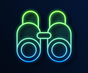 Sticker - Glowing neon line Binoculars icon isolated on blue background. Find software sign. Spy equipment symbol. Vector