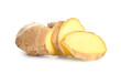 Sliced fresh ginger on white background