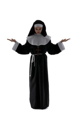 Wall Mural - Young praying nun on white background