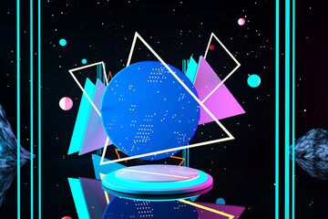 3D cosmic podium display, Pink blue green neon light pedestal on abstract background. Glowing scene, dark space, ultraviolet spectrum, laser, virtual reality. Trendy 3d render