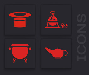 Sticker - Set Magic lamp or Aladdin, Magician hat, Witch cauldron and magic stone and Witch cauldron icon. Vector