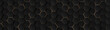 Luxury hexagonal abstract black metal background with golden light lines. Dark 3d geometric texture illustration. Bright grid pattern. Pure black horizontal banner wallpaper. Carbon elegant wedding BG