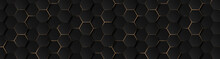 Luxury Hexagonal Abstract Black Metal Background With Golden Light Lines. Dark 3d Geometric Texture Illustration. Bright Grid Pattern. Pure Black Horizontal Banner Wallpaper. Carbon Elegant Wedding BG