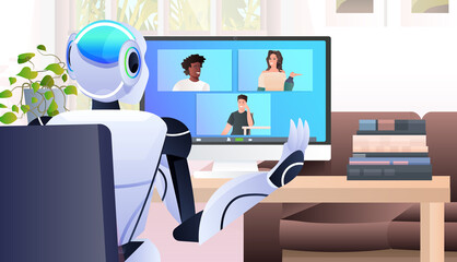 Poster - robot discussing with mix race businesspeople during video call online communication artificial inte