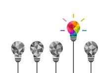 Colorful Light Bulb Being Different And Standing Out From The Rest. Stand Out And Think Differently Concept. Creative And Unique Thinking, Idea Symbol.