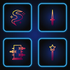 Sticker - Set line Magic wand, Trunk for magic tricks, fog smoke and Dagger. Gradient color icons. Vector