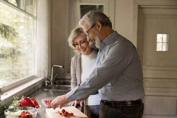 Happy mature couple spouses cook vegetarian vegetable salad for lunch or dinner in kitchen together. Smiling old man and woman have fun relax prepare healthy food at home. Diet, hobby concept.