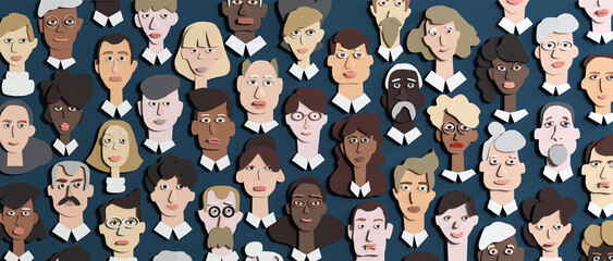 Wall Mural - Lots of people's faces made of paper. People different ages and professional backgrounds. Paper cut design 3D render