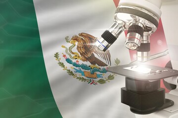 Wall Mural - Microscope on Mexico flag background - science development concept. Research in medicine or physics 3D illustration of object