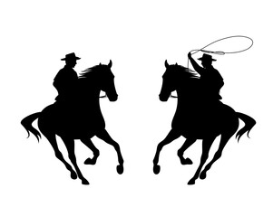 Wall Mural - cowboy rider riding galloping horse and throwing lasso - wild west ranger black and white vector silhouette design set