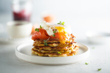 Traditional Homemade Potato Pancakes With Poached Egg